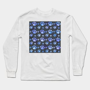 Watercolor blue purple Paw Pattern Black Long Sleeve T-Shirt